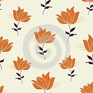 Retro wild orange flowers on light fabric vector seamless pattern. Vintage backgrounds floral print.