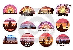 Retro wild west sunset. Western ranch silhouette, Texas nature morning landscape and desert with cactuses vector illustration set