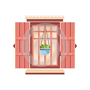 Retro window with wooden shutters, architectural design element vector Illustration on a white background