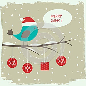 Retro winter card with cute bird