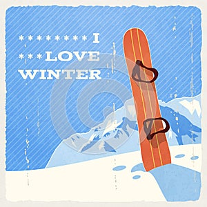 Retro Winter Landscape with Snowboard