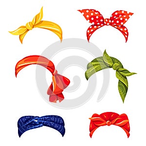 Retro woman bandana flat vector illustrations set