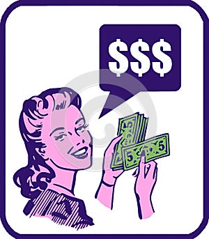 Retro Woman With Cash Dollars