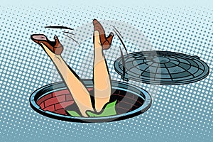 Retro woman fell into a manhole of the city sewer