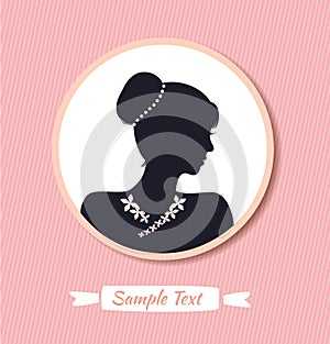 Retro woman head silhouette in round frame. Vector woman half face. Vintage lady portrait