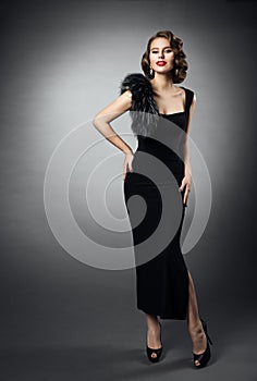 Retro Woman in Long Black Dress, Fashion Model in Evening Gown, Young Girl Beauty Studio Portrait