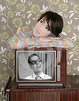 Retro woman in love with tv nerd hero