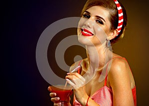 Retro woman with music vinyl record. Pin up girl drink martini cocktail.
