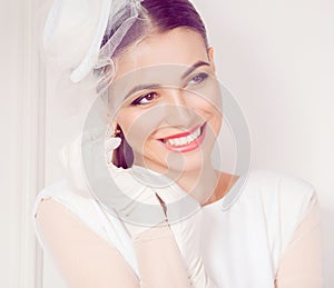 Retro Woman Portrait. Closeup portrait smiling happy young woman