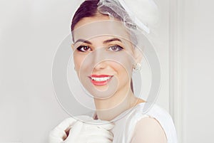 Retro Woman Portrait. Closeup portrait smiling happy young woman