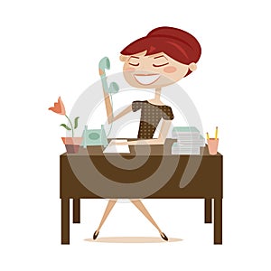 Retro woman working, isolated