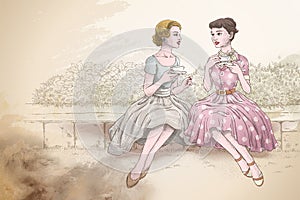 Retro women having tea together