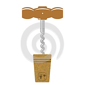 Retro Wood Corkscrew Icon for Opening Wine Bottle Cup Isolated on White Background. Wine Traditional Cork Stopper
