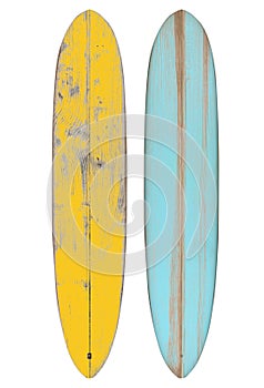 Retro wood longboard surfboard isolated on white with clipping path for object