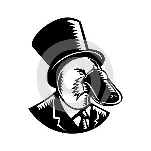 Platypus Wearing Tophat Woodcut Black and White