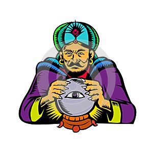 Fortune Teller With Crystal Ball Woodcut photo