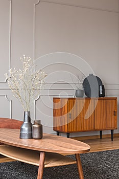 Retro wooden cabinet with black vases in the corner of classy grey living room interior with ginger sofa
