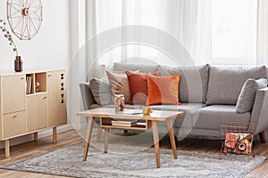 Retro wooden coffee table in front of grey couch in classy living room interior