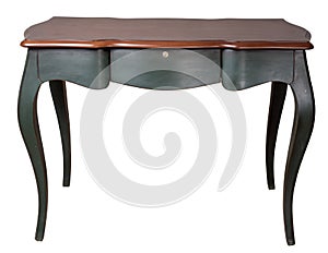 Retro wooden desk table with dark green legs and three drawers isolated on white background including clipping path