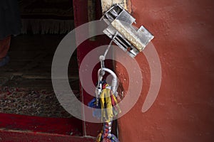 Retro wooden door and antique lock door tibetan style in Diskit Monastery Galdan Tashi Chuling Gompa in Hunder or Hundar village