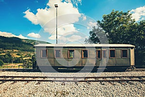 Retro wooden railway carriage at station of Serbia.