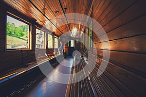 Retro wooden railway carriage at station of Serbia.