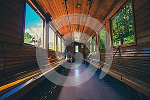 Retro wooden railway carriage at station of Serbia.