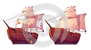 Retro wooden ships with white sail cartoon