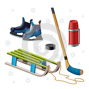 Retro wooden sled, stick, puck, hockey skates, thermos. Children sledding isolated on white. Winter outdoor games and