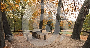 Retro wooden table with benches.