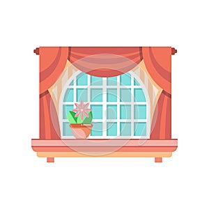 Retro wooden window frame with curtains, architectural design element vector Illustration on a white background