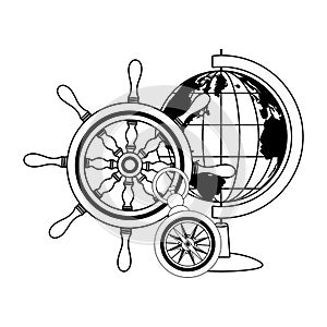 Retro world map and compass with helm navigation