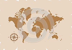 Retro world map with compass, vector illustration isolated on brown background