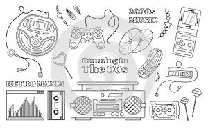 Retro 2000-2009 years objects in a line art, Y2K collection photo