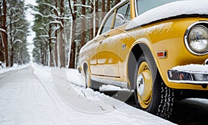 Retro Yellow Car on Winter Road