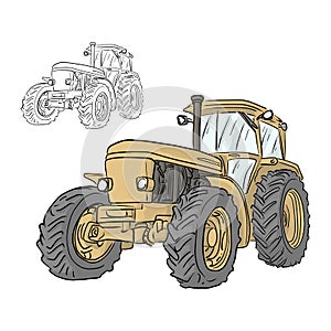 Retro yellow tractor vector illustration sketch doodle hand drawn isolated on white background