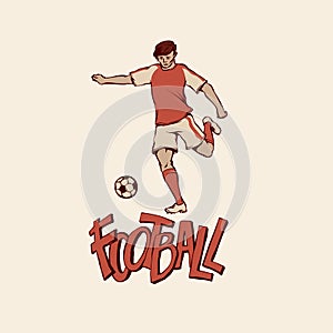 Retro young football soccer in sports uniform going to kick ball. Vintage footballer motion. Vector outline illustration
