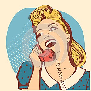 Retro young woman with blond hair talking on phone.Vector pop ar