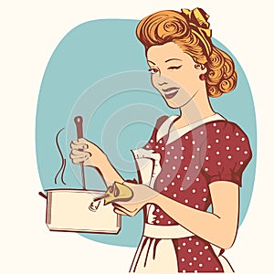 Retro young woman in retro clothes cooking soup.