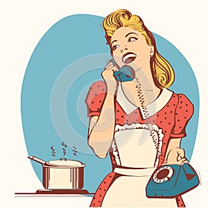 Retro young woman talking on phone in her kitchen.Vector color i