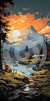 Retrofire Camping Poster: Scenic View Of Lake With Sunrise Over Mountain