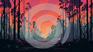 Retrofire: Eucalyptus Forest In Dark Cyan And Crimson