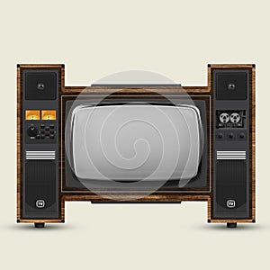 Retrofit. Fictional, created model of retro tv set with blank grey screen isolated over white background. Vintage