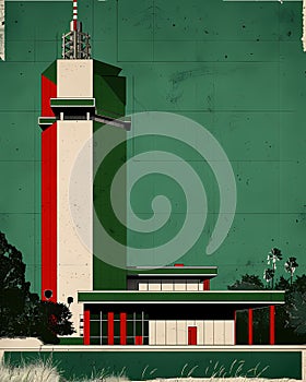 Retrofuturist Building Architecture, Mid-Century Minimalist Abstract Bauhaus Golden Ratio