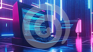 Retrofuturistic computer displaying digital code in neon data center