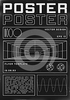 Retrofuturistic poster design with perspective grid tunnel. Cyberpunk 80s style poster with retrofuturistic shapes