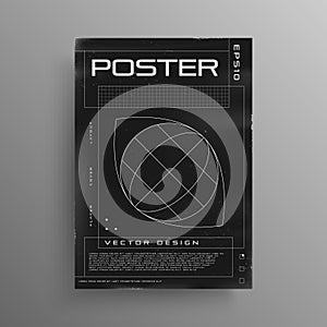 Retrofuturistic poster design with trendy cyber elements. Retro cyberpunk poster with wireframe planet inside eye shape