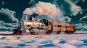 Retrofuturistic Steampunk Train in High-Speed Motion, snow, generative ai