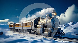 Retrofuturistic Steampunk Train in High-Speed Motion, snow, generative ai