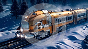 Retrofuturistic Steampunk Train in High-Speed Motion, snow, generative ai